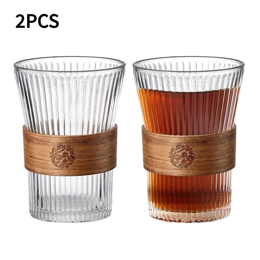 2pcs 320ML Glass Coffee Cups with Bamboo Sleeve, Espresso Drinking Set, Home Essential Glassware, Clear Cups for Beer, Cocktail, Tea, Latte