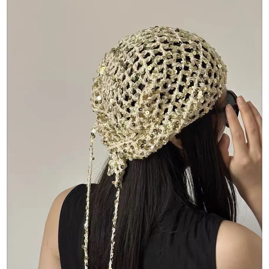 Hand-woven Sequin Triangle Head Scarf for Women Girls Hollow-out French Vintage Summer Turban Hat Breathable And Adjustable Stylish Boho Bandana Hair Accessory