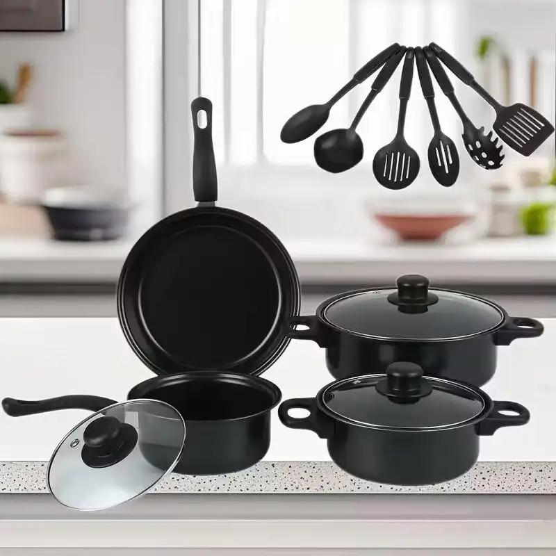 13-Piece Basilite Cookware Set - Durable Cast Iron Cookware with Glass Cover and Tools, Pink/Black, Stylish Kitchen Decor, Easy to Clean, Compatible with Multiple Stoves, Cooking Set