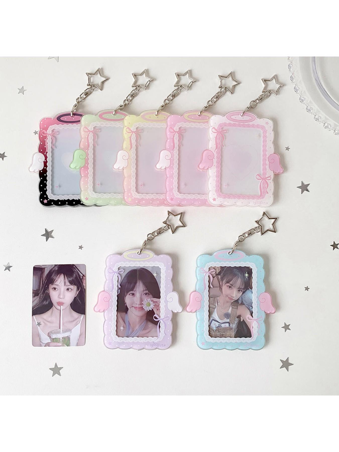 Sweet Girl 3 Inch Angel Wings Keychain Card Holder, Student Hollow Out Visible Small Card Display Case, Idol Fan Accessory, Id Holders For Badges, Id Badge Holder, Badge Accessories