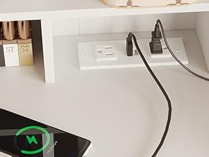 Vabches Vanity Desk with Mirror and Lights, Small Makeup Vanity with Drawer & Lots Storage Shelves, White Vanity Table with Charging Station & Time Display, Vanity Set with Chair, for Bedroom