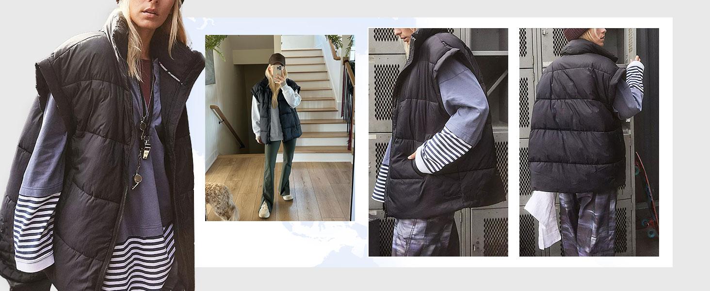Ommig Womens Winter Oversized Puffer Vest Lightweight Stand Collar Flysleeve Insulated Padded Puffy Jackets Coat with Pockets