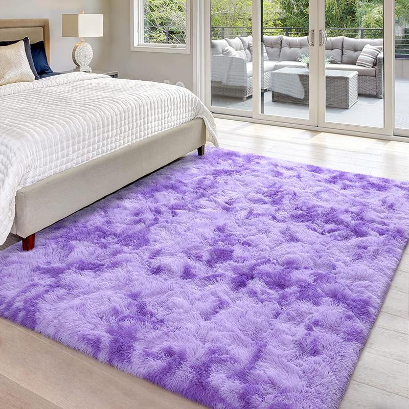Purple Shag Rug 5x8, Tie Dye Fluffy Plush Area Rug for Bedroom, Soft Living Room Rug, Kids Room Carpets, Modern Home Decor-S