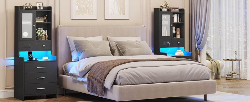 Sikaic LED Tall Nightstand With Charging Station Drawers Shelves Glass Door Storage Bedroom Furniture Apartment Furniture Modern Design Wood Bedside Table