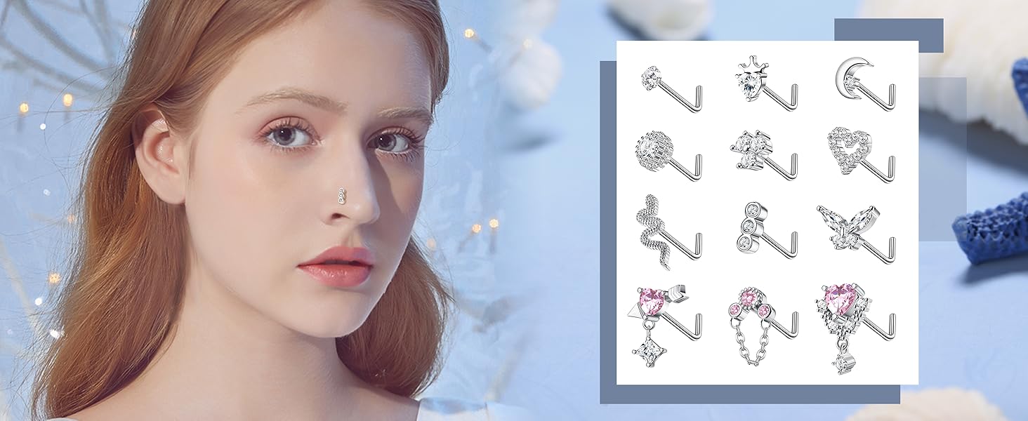 12pcs Nose Rings for Women, Dangle & Studs Set, Stainless Steel L-Shaped, Heart Snake Butterfly Cz, Elegant Nose Piercing Jewelry