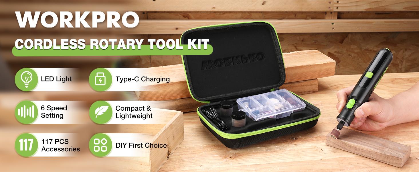 #JumpstartSale WORKPRO Cordless Rotary Tool, 8V Rotary Tool Kit with 117 Accessories, 6 Variable Speed, Type-C Charging, LED Work Light, Power Rotary Tool for Sanding, Polishing, Engraving, Drilling, Cutting, DIY