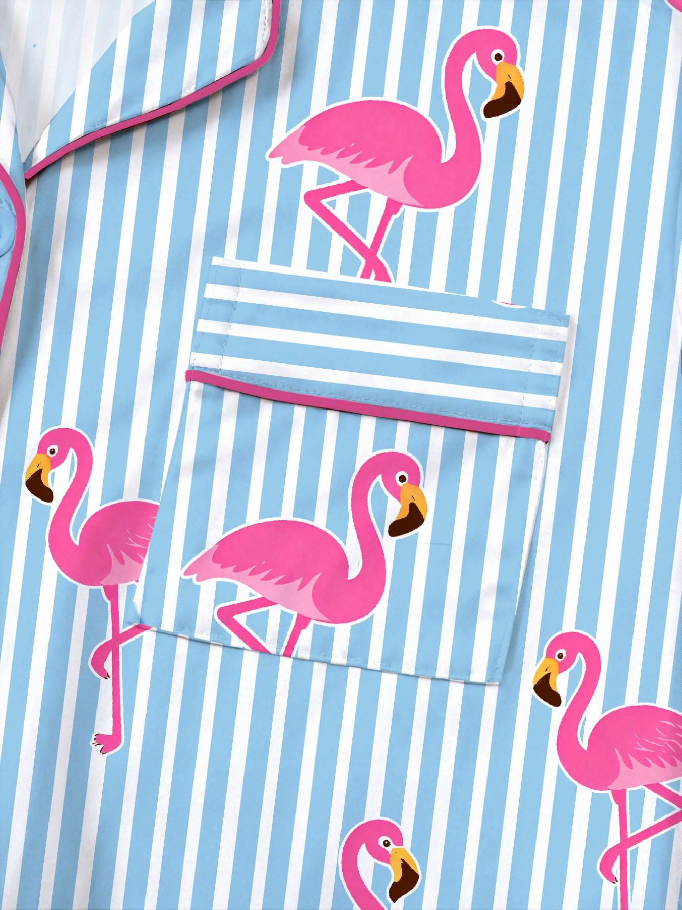 Women's Striped Flamingo Print Pajama Set Pjs, Short Sleeve Button-Up Top & Elastic Shorts, Casual Loungewear Outfit & Pajamas for Home Wear, All Seasons