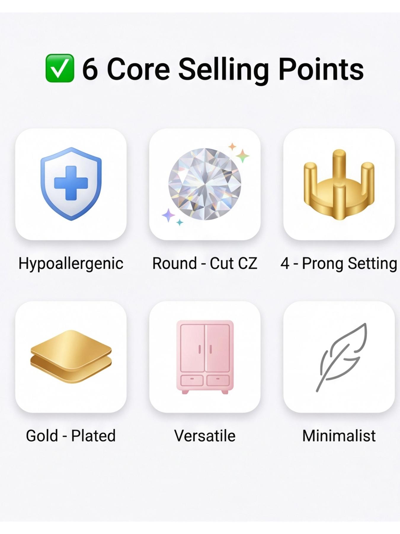 Women's Hypoallergenic Classic 4-Prong Round Cut Clear Crystal Stud Earrings, Gold Plated Solitaire CZ Diamond Stud Earrings, Timeless Minimalist Fashion Jewelry for Everyday Wear Office Wedding & Gift