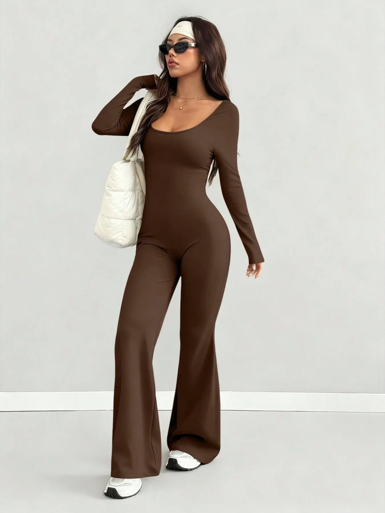 Women's Fall Winter U-Neck Long Sleeve Bell Bottom Jumpsuit, Casual Commute Wear, Back-To-School Fashion, Street Style, Stretchy Fabric, High Waist