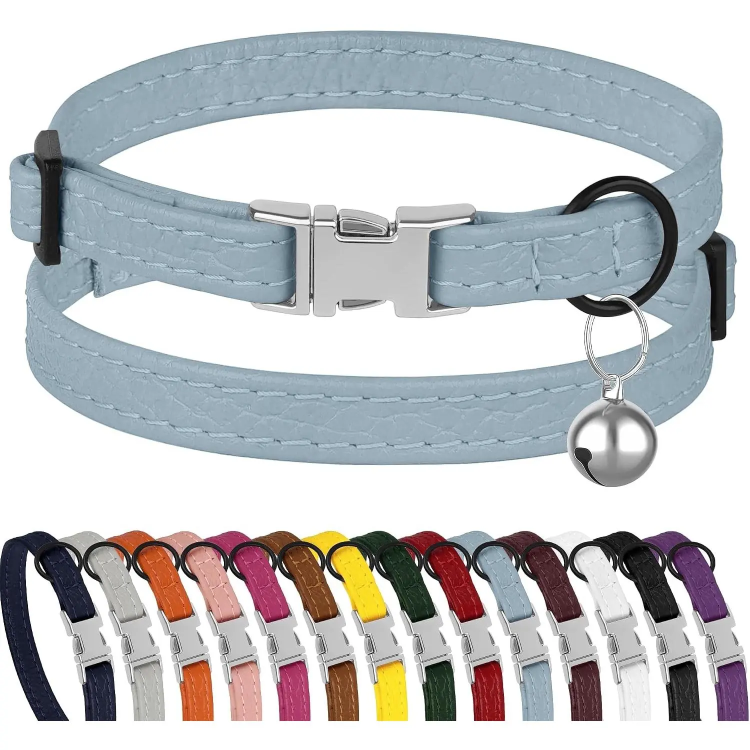 Adjustable Soft Non-Breakaway Leather Cat Collar with Buckle & Removable Bell, Safety Small Pet Collar for Girl Boy Cats Kitten, Cornflower