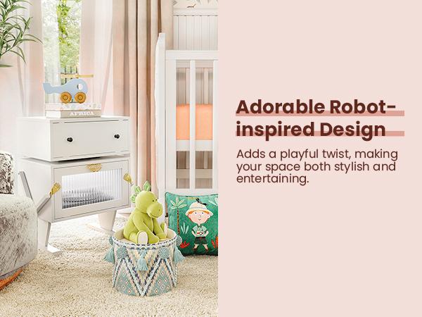 RoyalCraft Robot Nightstand with LED Light Strips, End Table with 360 Degree Rotating Drawer, Modern Design Bedside Table with Glass Door Storage, Wood Cabinet for Bedroom, Home Office Furniture Organize RoyalCraft Robot Nightstand with LED Light Strips, End Table with 360 Degree Rotating Drawer, Modern Design Bedside Table with Glass Door Storage, Wood Cabinet for Bedroom, Home Office Furniture Organize