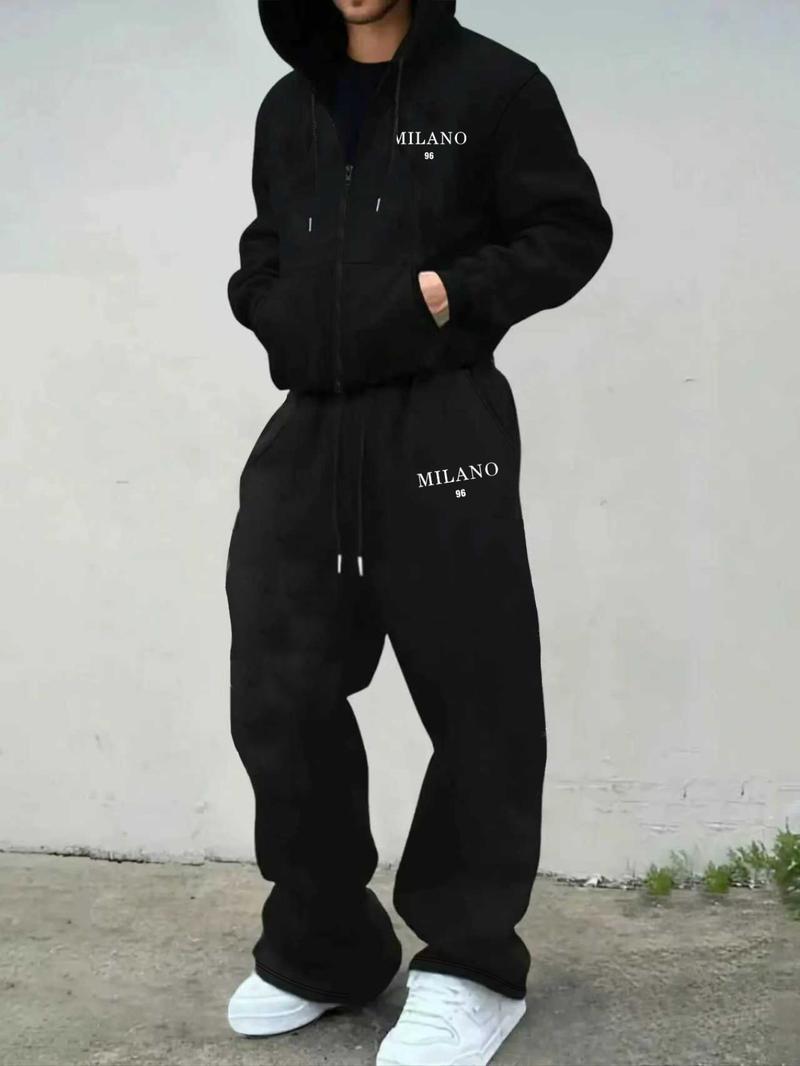 Men's Fall & Winter 2-Piece Set, Loose-Fit Zip Hoodie + Drawstring Casual Sports Pants, Letter Pattern, Fitted Style, Athleisure Wear Set