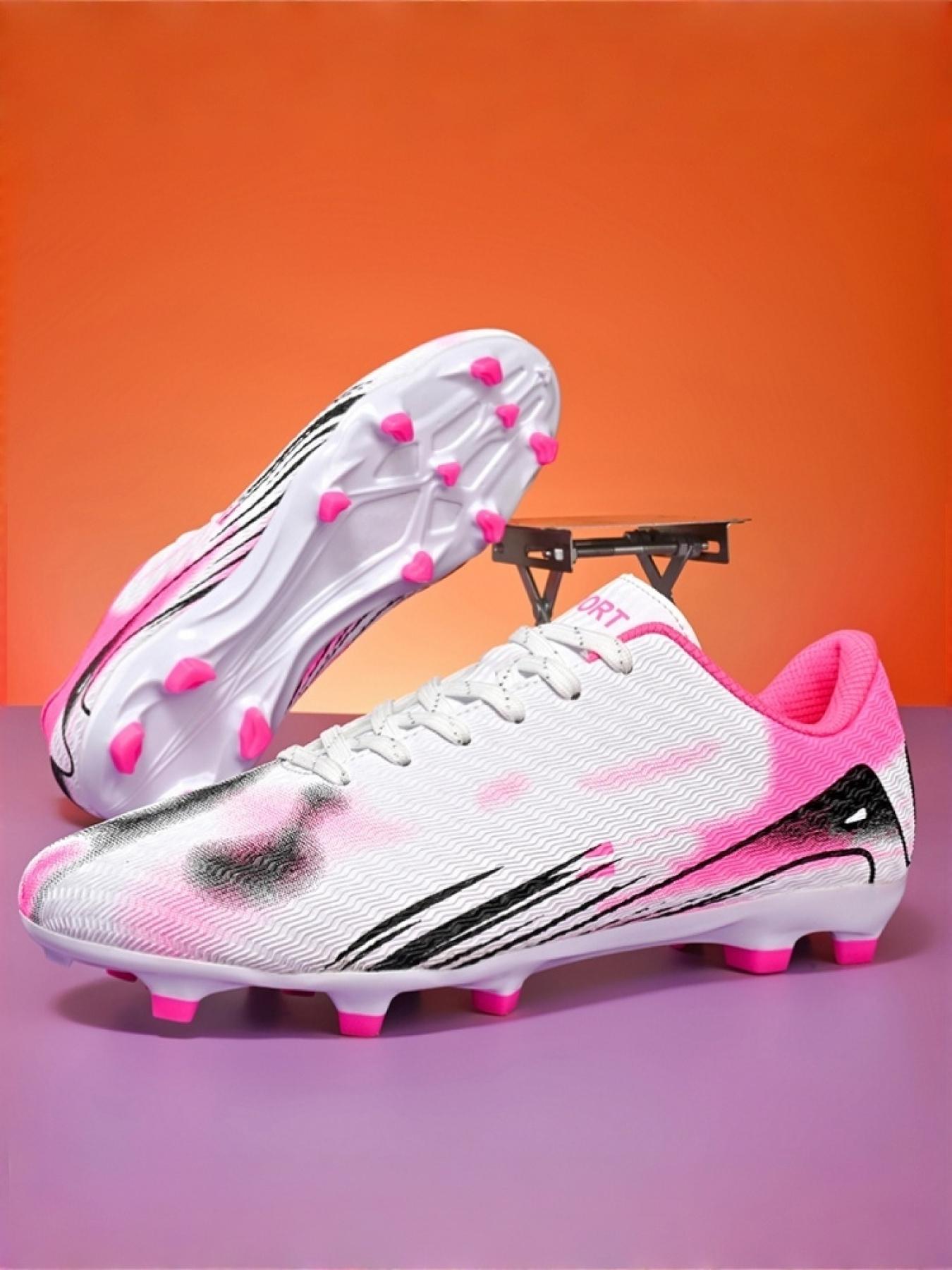 1 Pair Parent-Child White Pink Color Block Football Cleats | Breathable Mesh | Enhanced Traction | Eye-Catching Design | For Soccer Training & Matches | Trending