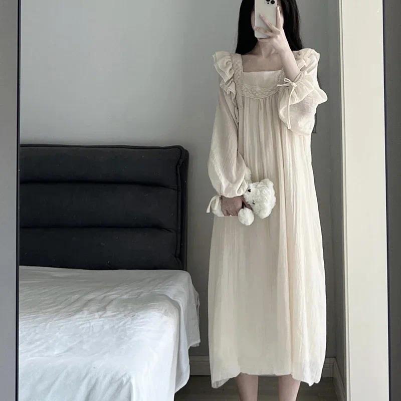 Ruffles Nightgown Sleepwear Women Korean Night Dress Solid Spring One Piece Pajamas Long Sleeve Square Collar Home Wear 2026 New