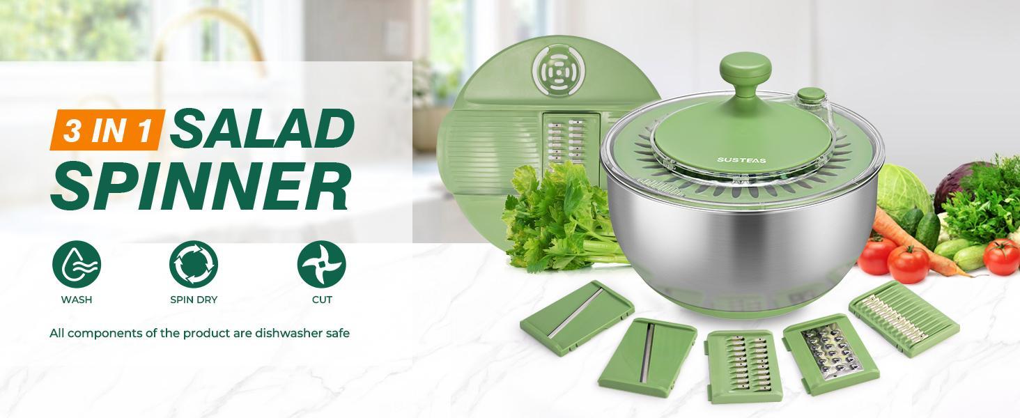 Susteas 5-in-1 Multifunctional Salad Spinner – Large Stainless Steel Chopper, Colander, Dehydrator, Drainer & Bowl – Versatile Kitchen Tool Durable Vegetable Slicer Fruit Vegetable Slicer Utensils