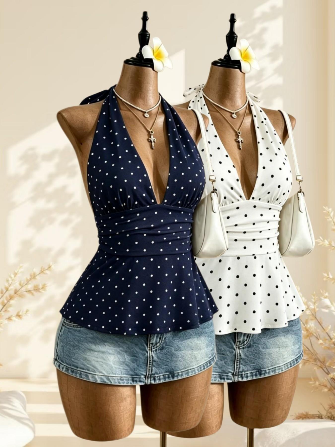 Vintage Sweet Cool Polka Dot Halter Sleeveless Top, Deep V Waist Slimming Ruffle Sexy Shirt, Two Pieces Set, Casual All Seasons Wear Fit