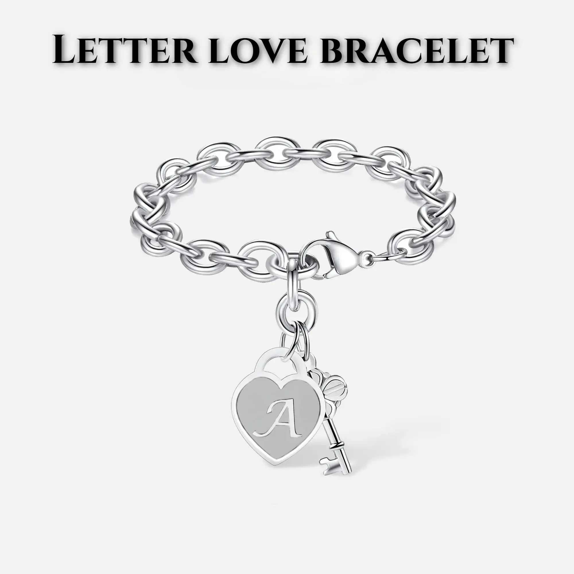 Personalized Initial Heart & Key Charm Bracelet - Adjustable Size, Unisex, Durable & Lightweight, Perfect for Birthday, Graduation, Easter Gifts