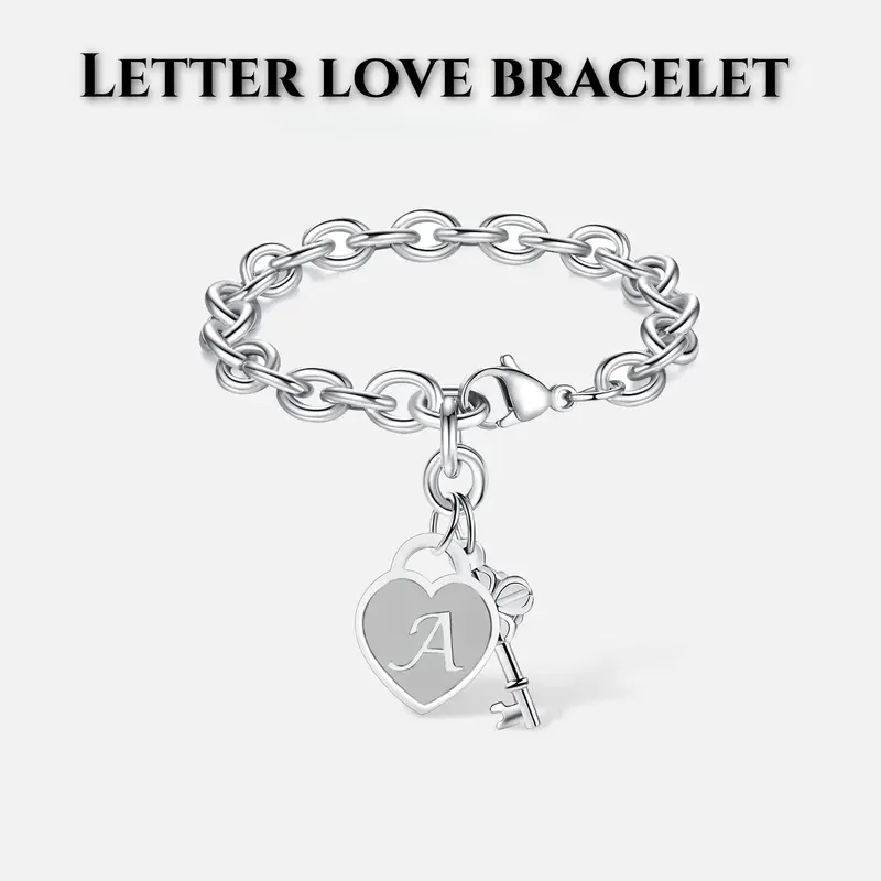 Engravable Personalized Initial Heart & Key Alloy Charm Bracelet - Customized Bracelet, Adjustable Fit Bangle, 20cm, Unisex, Durable, Lightweight, Initial Decor, Daily Wear, Gift-Ready Charm for Birthday, Graduation