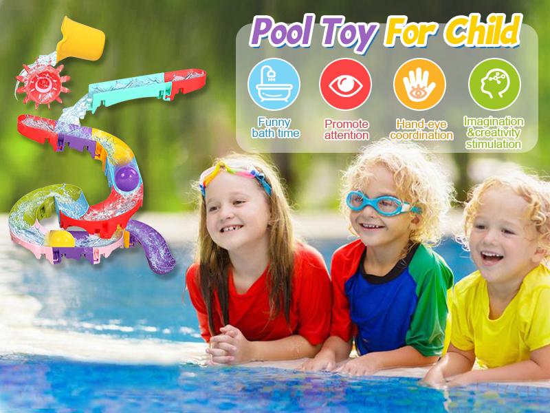 Pool Toys for Kids Mold Free Water Toys DIY Slippery Slide Track Fun Kids Swimming Ball Toys Christmas Birthday Gift for Boys Girls Bath Time Safety Rubber Marble Run Interaction Engagement