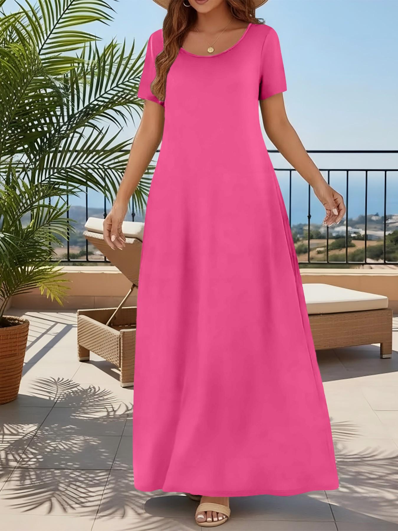 Women's Casual Commuter Plain Minimalist Short Sleeve Dress with Pockets, Loose Fit Summer & Fall, Essential Beachwear