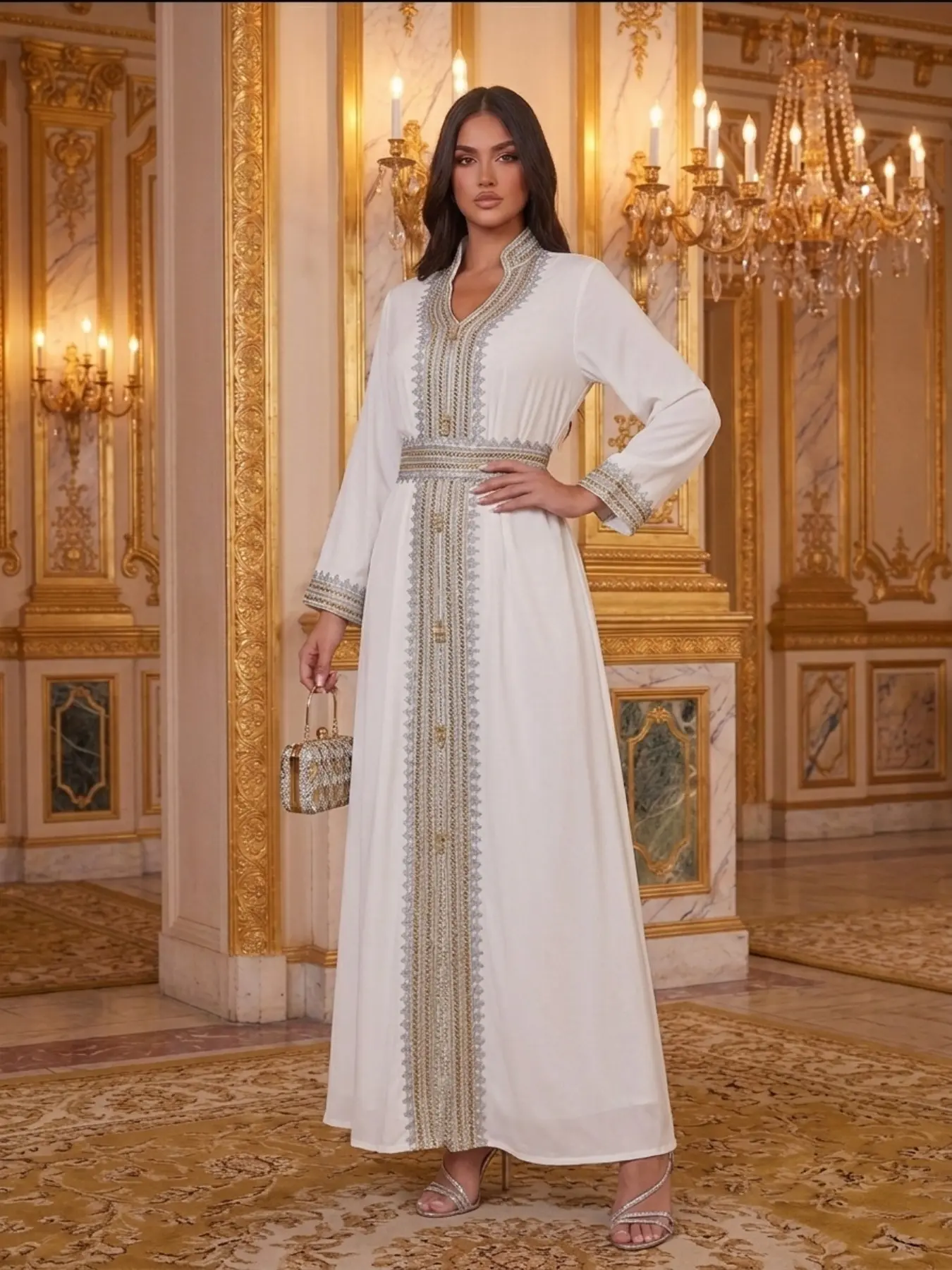Luxurious Gold Embellished Arab Robe, V-Neck Waist-Cropped Long Sleeves, Dubai Evening Formal Wedding Maxi Dress, Elegant Loose Fit