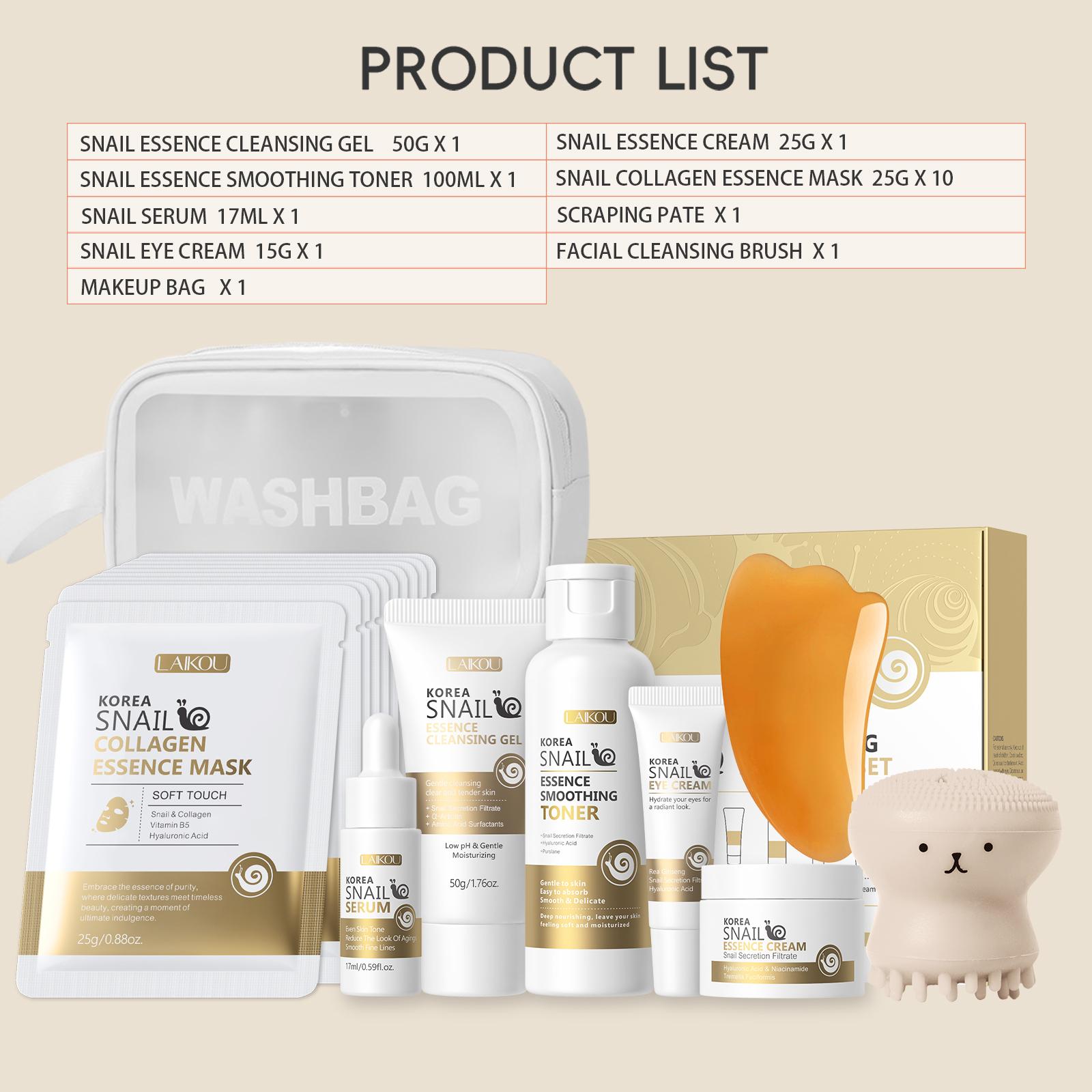 Snail Collagen Skin Care Kit, 1 Set Facial Cleanser, Toner, Serum, Eye Cream, Essence Cream and Mask, Moisturizing Hydrating Hydrate Skin Care Set for Women