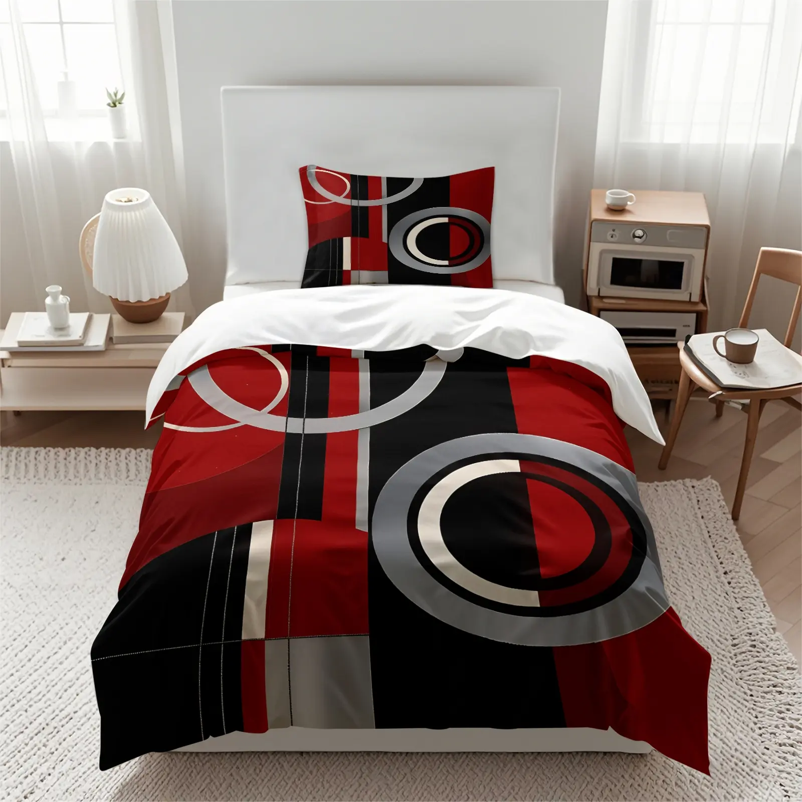Modern Abstract Geometric Circle Stripe Print Duvet Cover Set, Includes 1 or 2 Pillowcases+1 Duvet Cover, Red Black Grey Block Design, Contemporary Urban Bedroom Decoration, Gift for Geometric Art Lovers