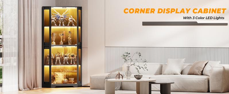 BROTTAR Display Cabinet with Glass Doors, 65" Lighted Curio Cabinet with 3 Color Lights for Collectibles, Toys, 4-Tier Corner Display Case with Human Body Sensor for Living Room,  Led Lighting,Large Storage Capacity ,Black