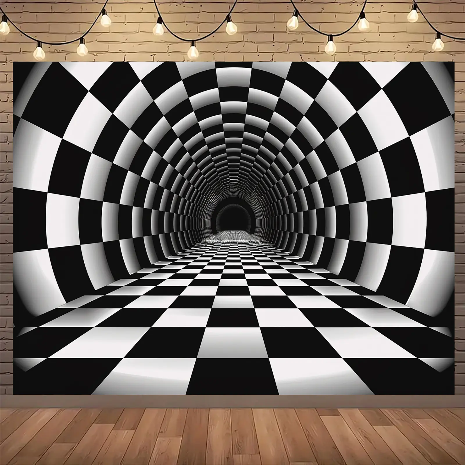 2D Falt Black and White Checkered Tunnel Backdrop Banner - High-Contrast Monochromatic Photography Background, No Electricity Needed Party Decoration for Halloween, Christmas, Easter, Photo Booth, Home & Event Decor - Durable Lightweight