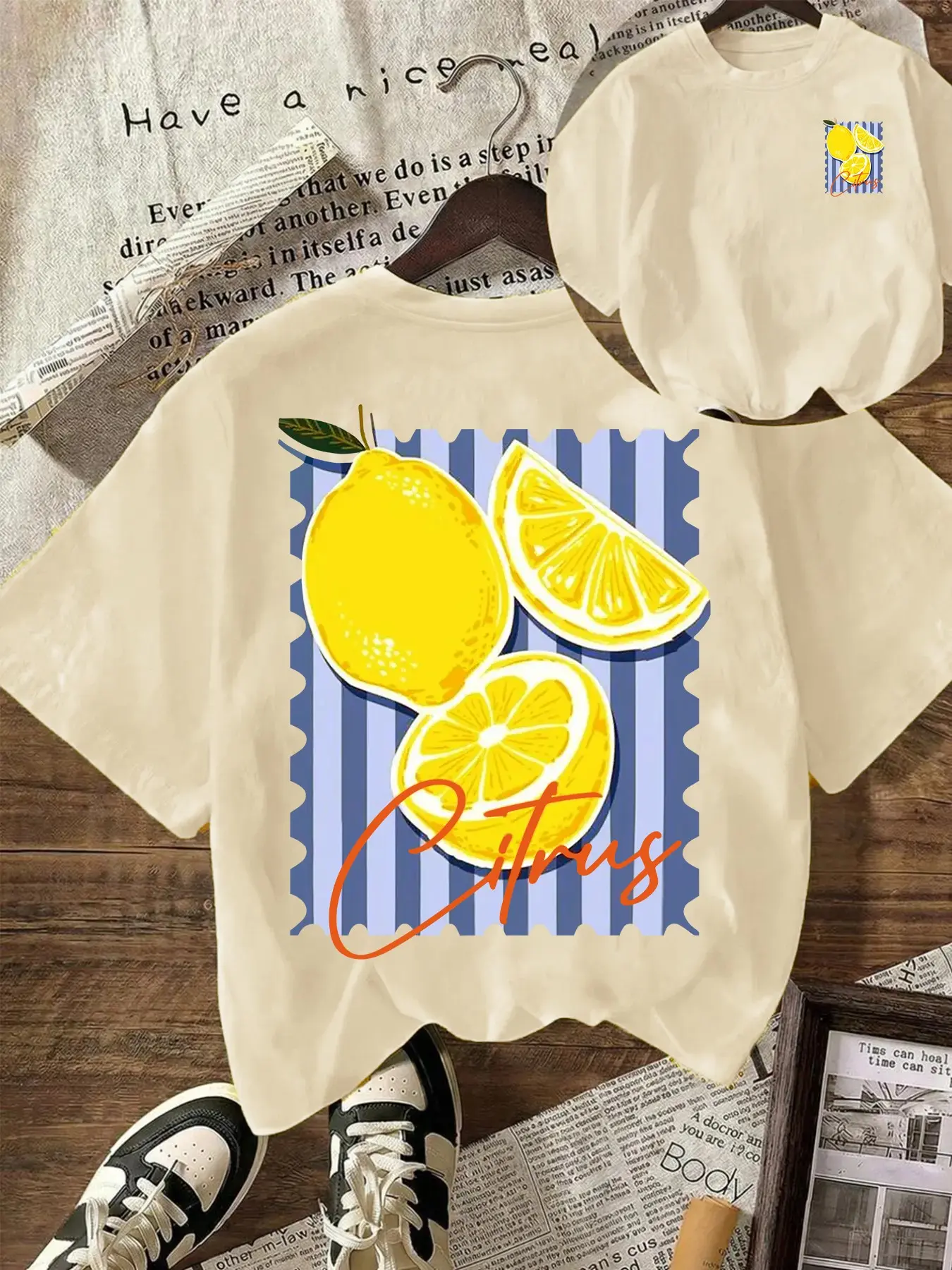 Women's Vintage Striped Lemon Print T-Shirt, Sweet Y2K Loose Fit Short Sleeve Top, Summer Vacation Fruit Style Casual Shirt