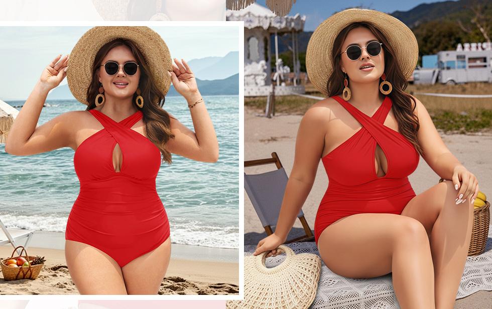 Daci Womens Front Cross Plus Size One Piece Swimsuits Tummy Control Keyhole Bathing Suits Swimwear
