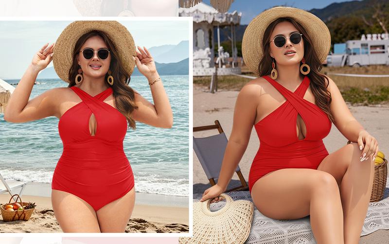 Daci Womens Front Cross Plus Size One Piece Swimsuits Tummy Control Keyhole Bathing Suits Swimwear
