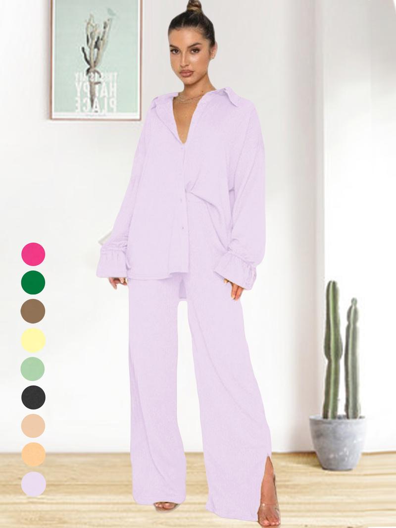 Women's Solid Button Front Shirt & Split Hem Pants Set, Casual Comfy Basic Flounce Sleeve Top & Wide Leg Trousers for Daily Wear, Women's Clothing