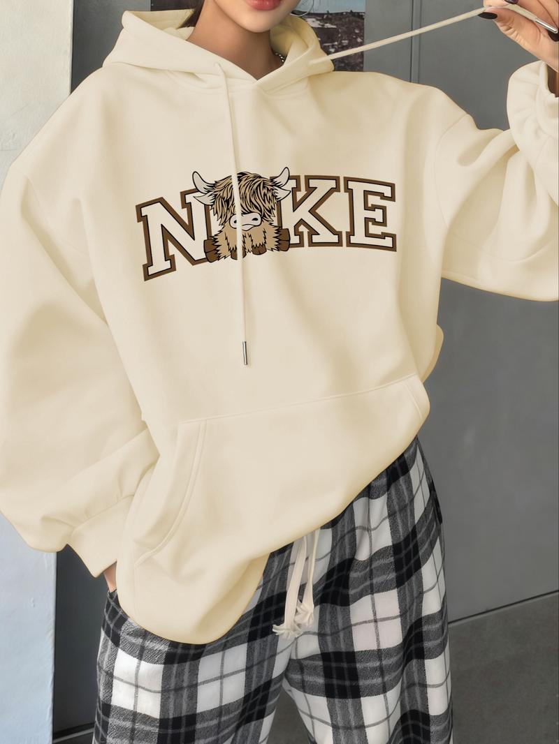 Women's Drawstring Hoodie with Highland Cow & Letter Print, Loose Fit Long Sleeve Casual Top for Fall & Winter