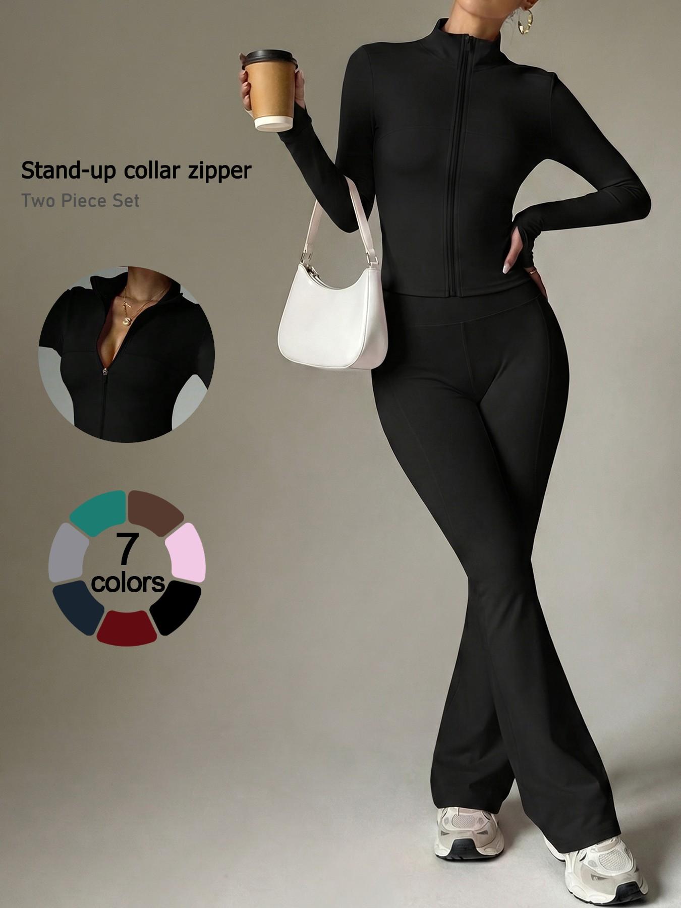 Women's 2-Piece Fitness Set, Stand Collar Full Zip Jacket, Long Sleeve High Waist Yoga Pants, Sporty All-Season Workout, Athleisure Wear Set, Yoga Outfit