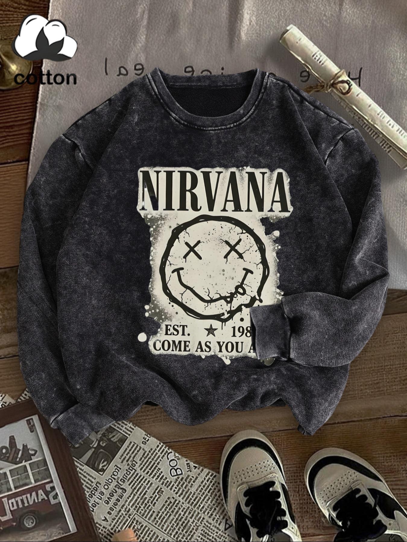 Women's Cotton Letter Nirvana Smiley Graphic Print Round Neck Fitted Sweatshirt, Casual Vintage Pullover for Daily Wear, Fall & Winter Fashion
