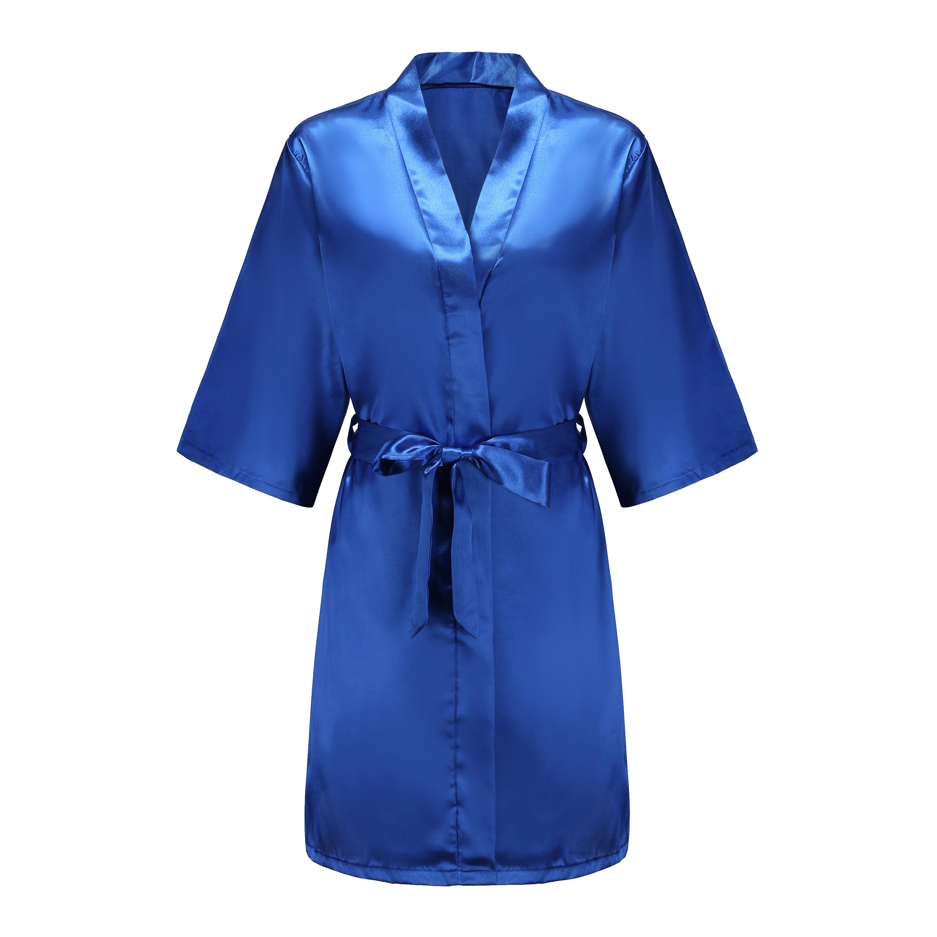 Team Bride Satin Kimono Lounge Robe, Royal Blue Bridesmaid Bathrobe with White Letters, Wedding Party Stress Relief Loungewear