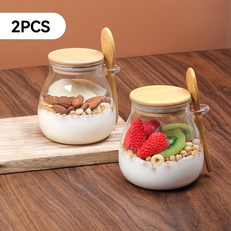 11.96 oz Glass Cup, Overnight Oatmeal Cup Set 1/2 Piece, Mason Jar Salad Bowl for Food Preparation, Salad Bowl, Oatmeal Jar, Oatmeal Cup, Food Preparation Container with Lid Spoon, Glass Jar for Chia Seeds, Pudding, Yogurt