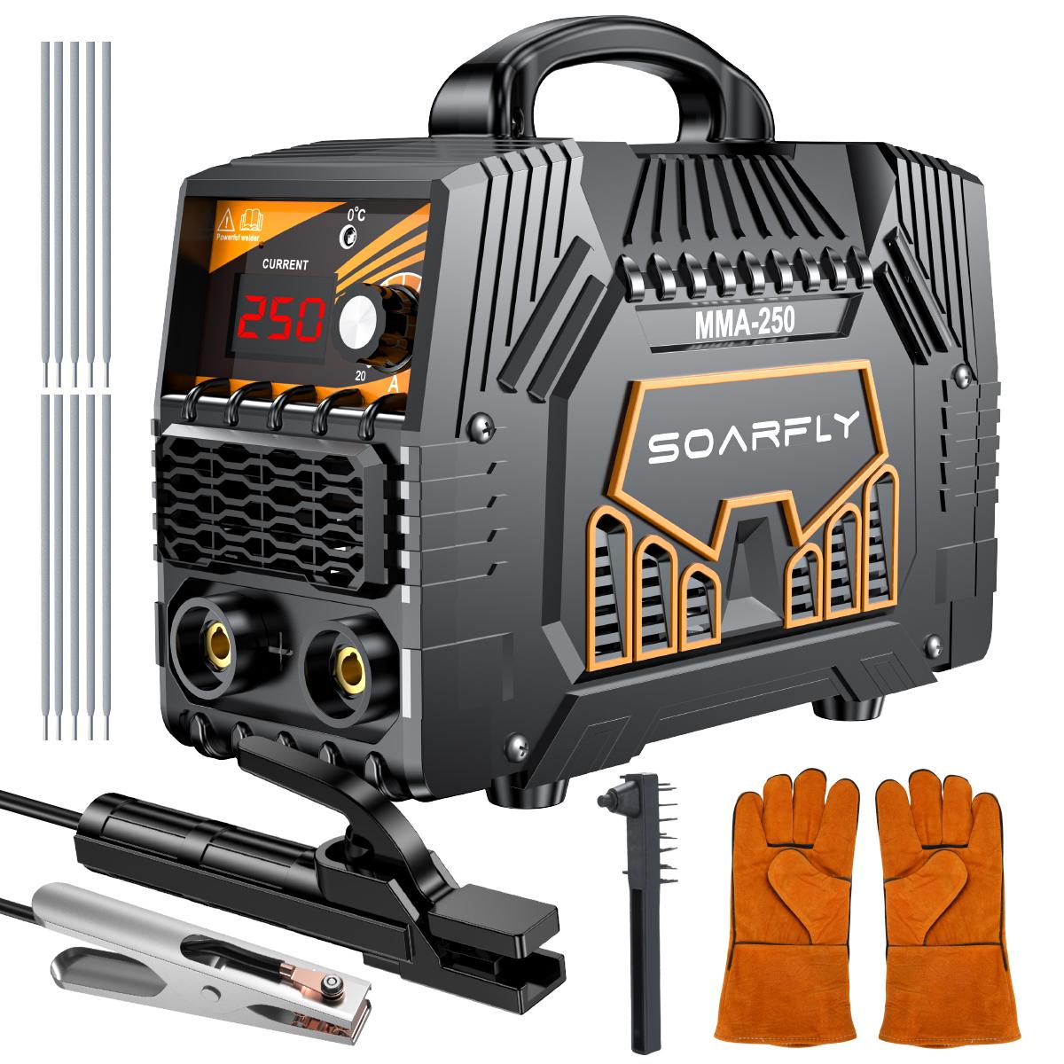 SOARFLY 110/220V 250A Welder Machine With Large LED Display, 5000 Watt Mini-Welder With Electrode Clamps, Earth Clamp, Wire Brushes, Rods And Gloves
