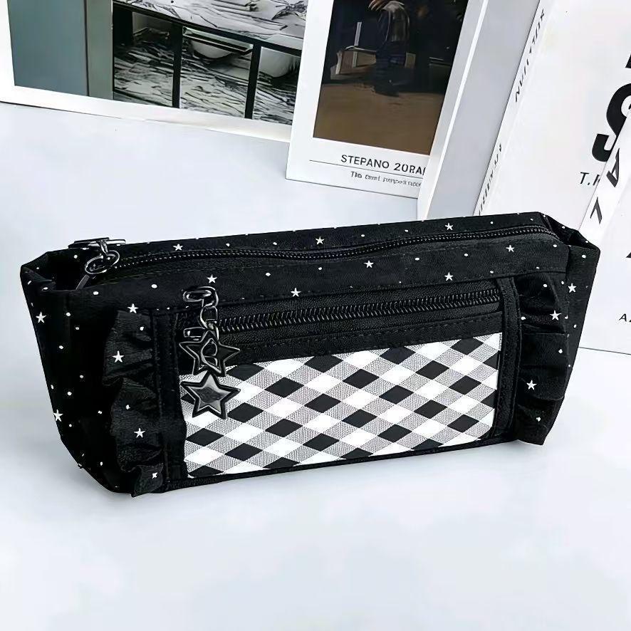 Back To School Kawaii Pastel Plaid Ruffle Pencil Case with Cute Star Charm, Aesthetic Double Zipper Stationery Pouch with Clear Window, Large Capacity Pen Organizer for School Supplies Desk Storage Daily Travel Essentials