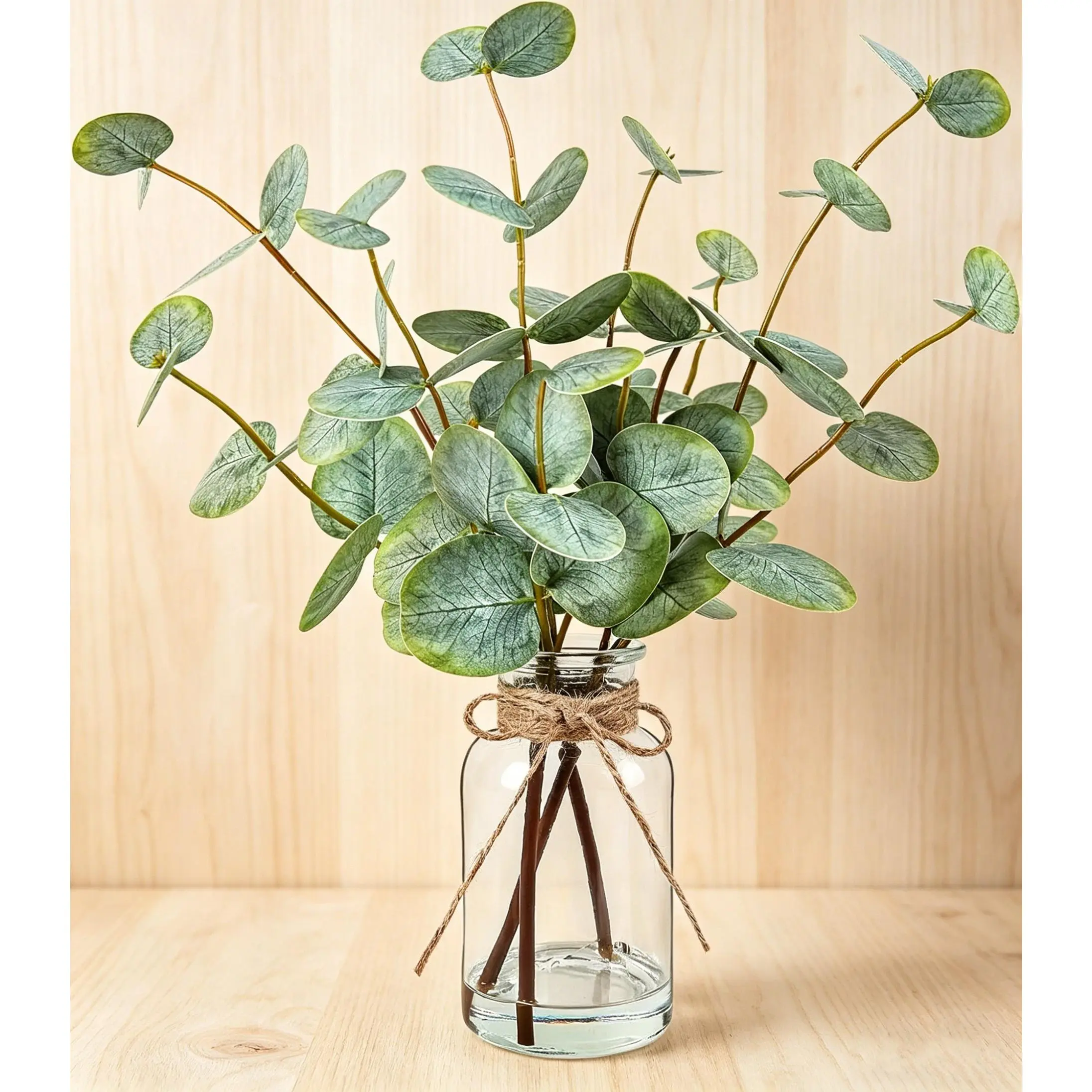 13.5" Artificial Eucalyptus Stems with Glass Vase Faux Water, Fake Greenery Plants for Home Office Bathroom Coffee Table Centerpieces Farmhouse Wedding Decor