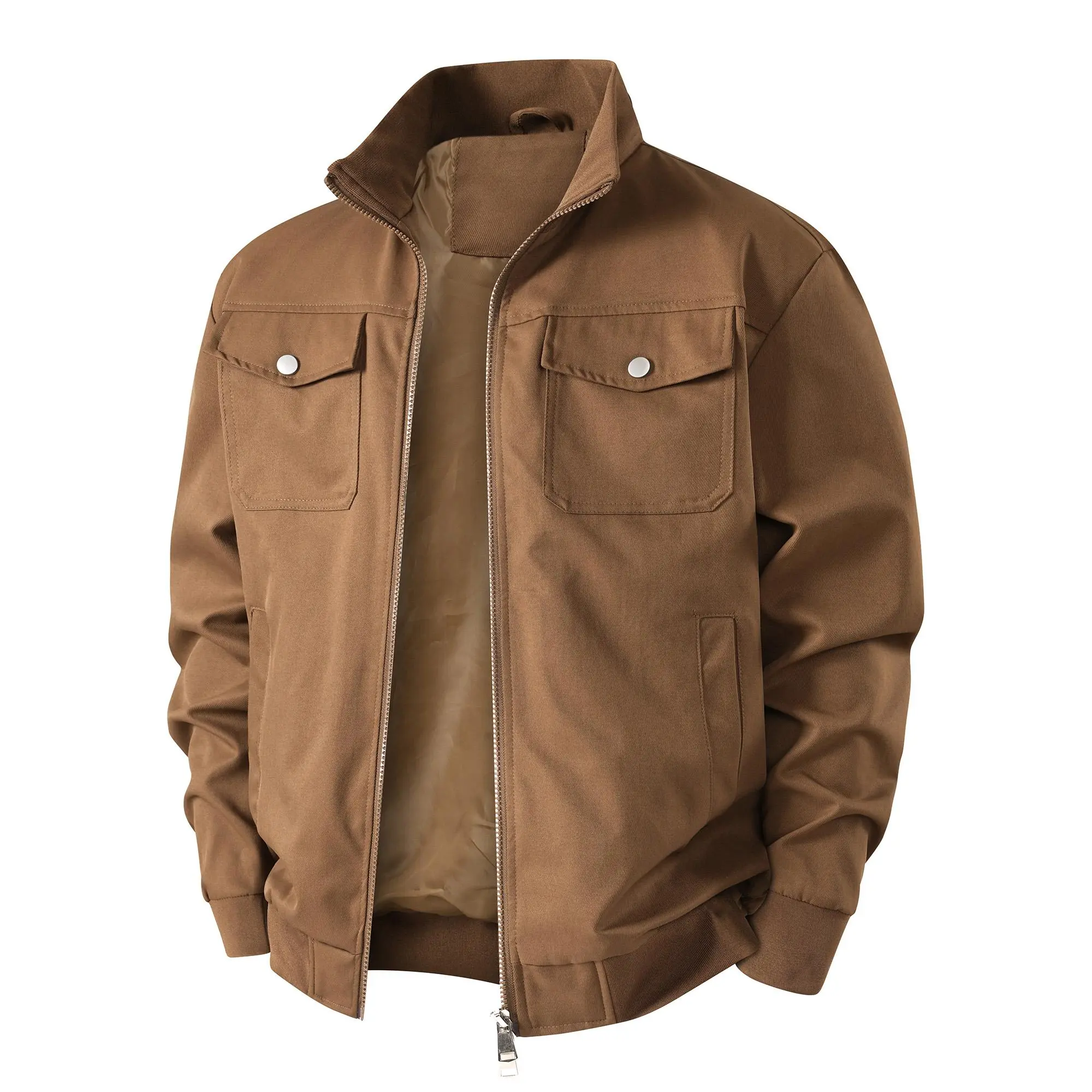 Men Brown Stand Collar Cargo Bomber Jacket, Multi Pocket Full Zip Lightweight Workwear Casual Outerwear Coat for Daily Street Outfits