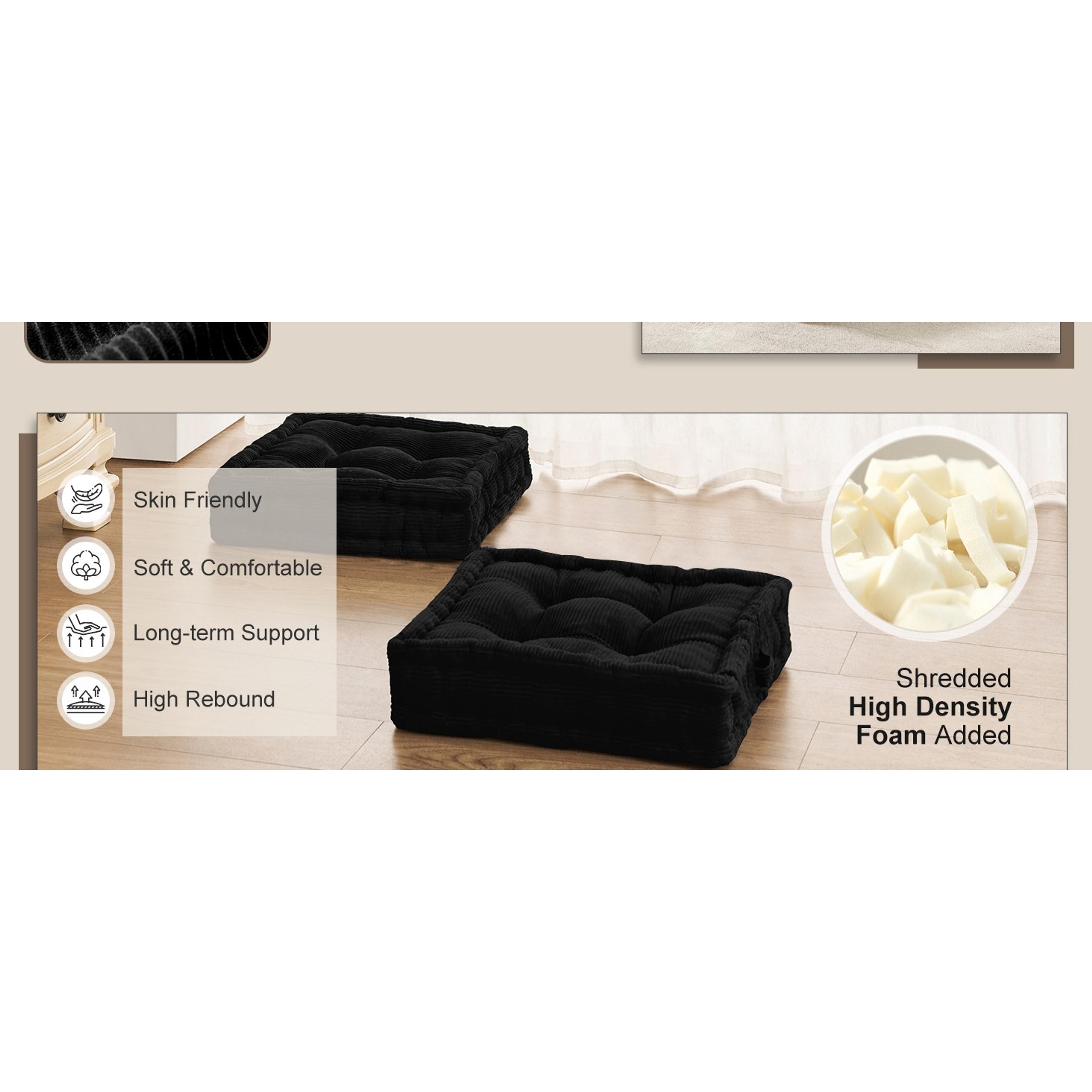 Square Floor Pillows for Adults Kids - Meditation Floor Pillow Seating Cushion - Tufted Floor Cushion with Shredded Foam & Velvet Cover, 2 Pack, 20x20 Inch, Black