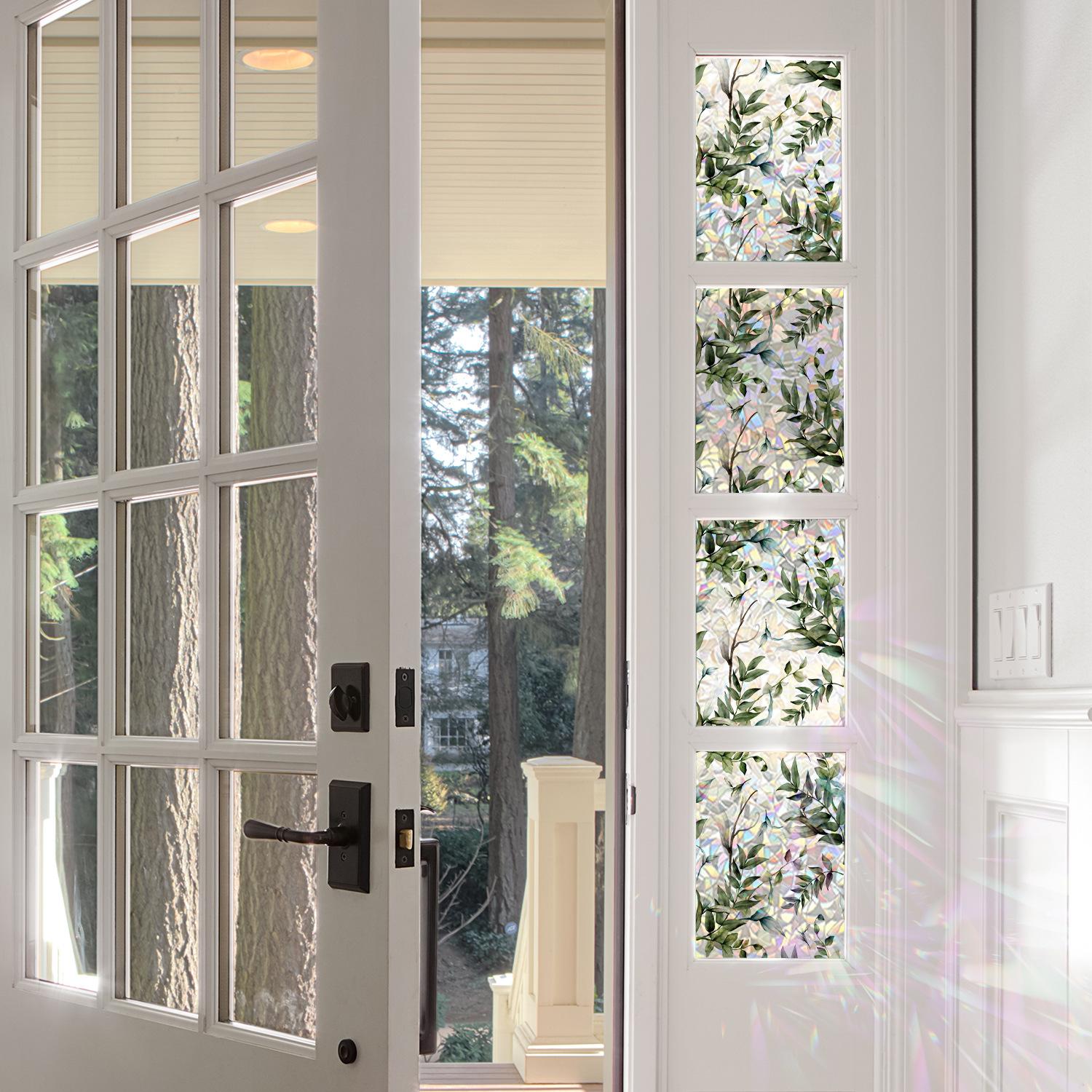 Leaf Laser Window Sticker, Spring Summer Fresh Style Decorative Static Window Sticker, Glue-Free Electrostatic Glass Decoration Film