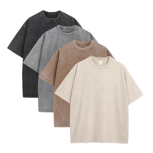 Unisex Oversized Loose-Fitting Short Sleeve Vintage Heavyweight Cotton T-Shirts - 1/4 Pack, Machine Washable, Streetwear, Gym Workout Athletic Top, Casual Sportswear for Teens, 1Pcs Black, Beige+Green+Pink+Purple, Fitness Shirts, Clothing, Men's T Shirts