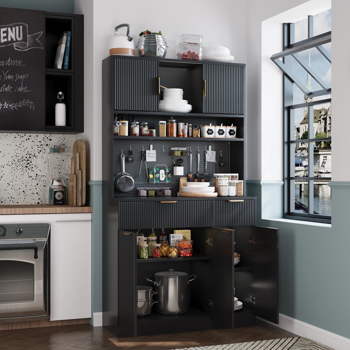 Aobtkel 73" Rectangular MDF Wood Fluted Texture Kitchen Pantry Cabinet - Single Unit with Storage, Charging Hub Station, DIY Pegboard Includes Kits, Anti-Tip Base for Living Room Microwave Stand Hutch, Black, Pantry Organization