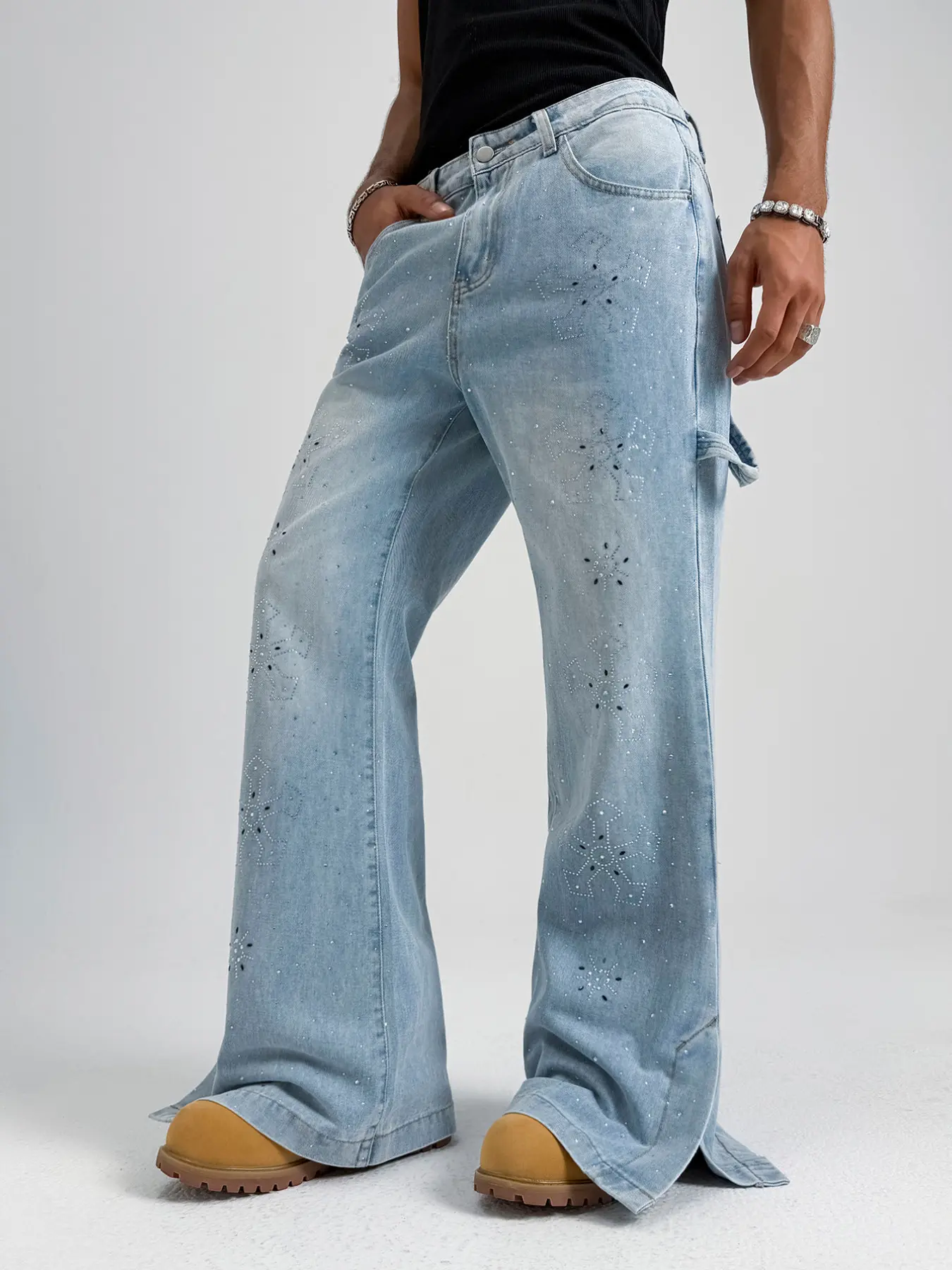 Men's Light Blue Washed Micro Flare Jeans, Vintage Split Hem Rhinestone Long Pants, Retro Style Denim Trousers for Men