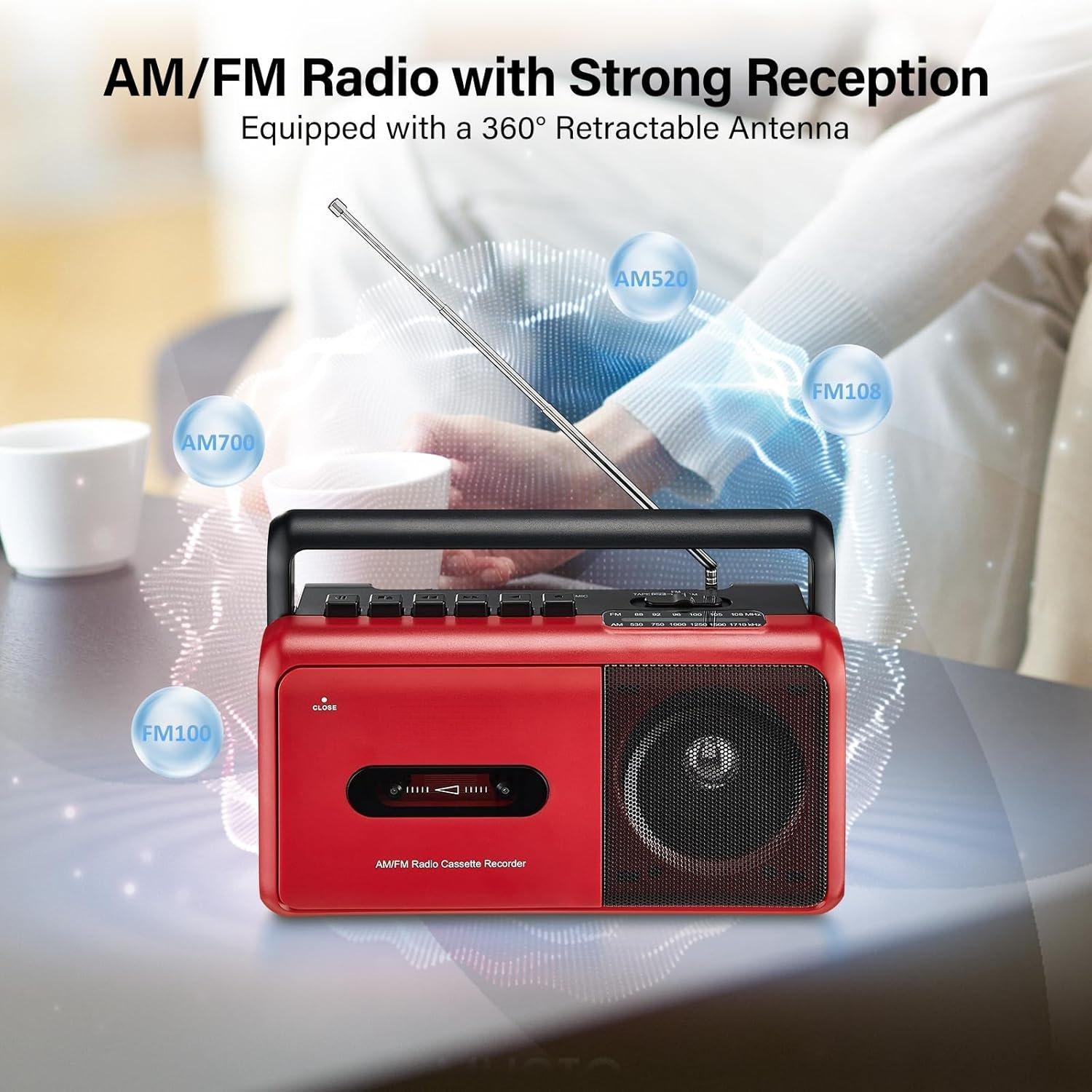 Portable Cassette Player Boombox AM/FM Radio Stereo, Casette Tape Player Recorder with Earphone Jack  Operated or AC  (Red)