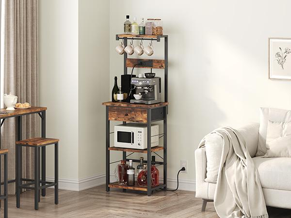 Mahancris, Bakers Rack with Drawer, Charging station and Hooks, Coffee Bar Corner, 4-Tier shelves Storage for Kitchen, Dining Room, Rustic Brown and Black