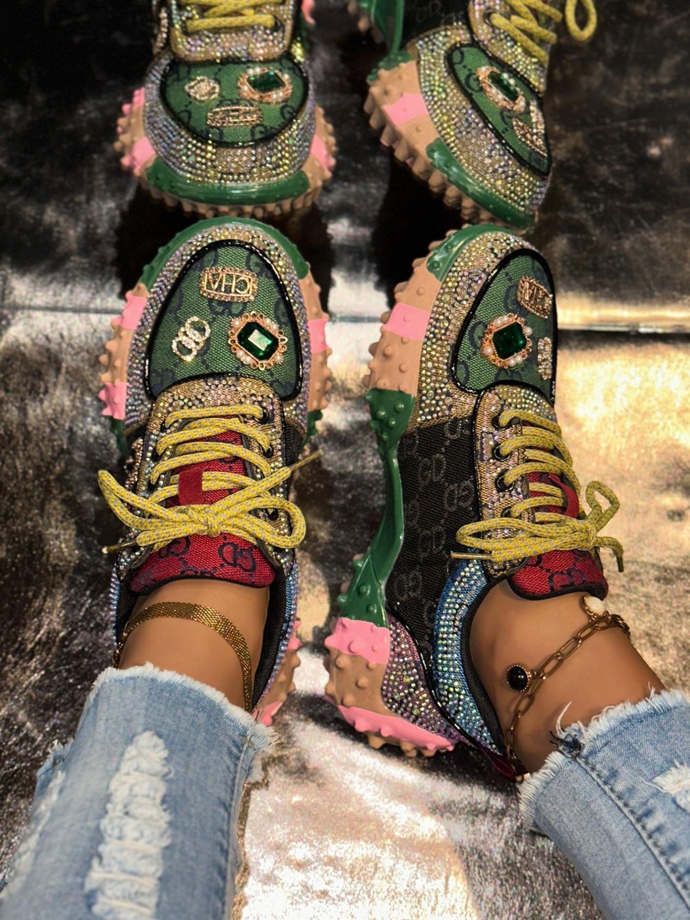 Women's Thick Sole Height Increasing Dad Shoes, Handmade Embellished Fashion Luxury Casual Women's Shoes, Unique Design Comfortable Sneakers